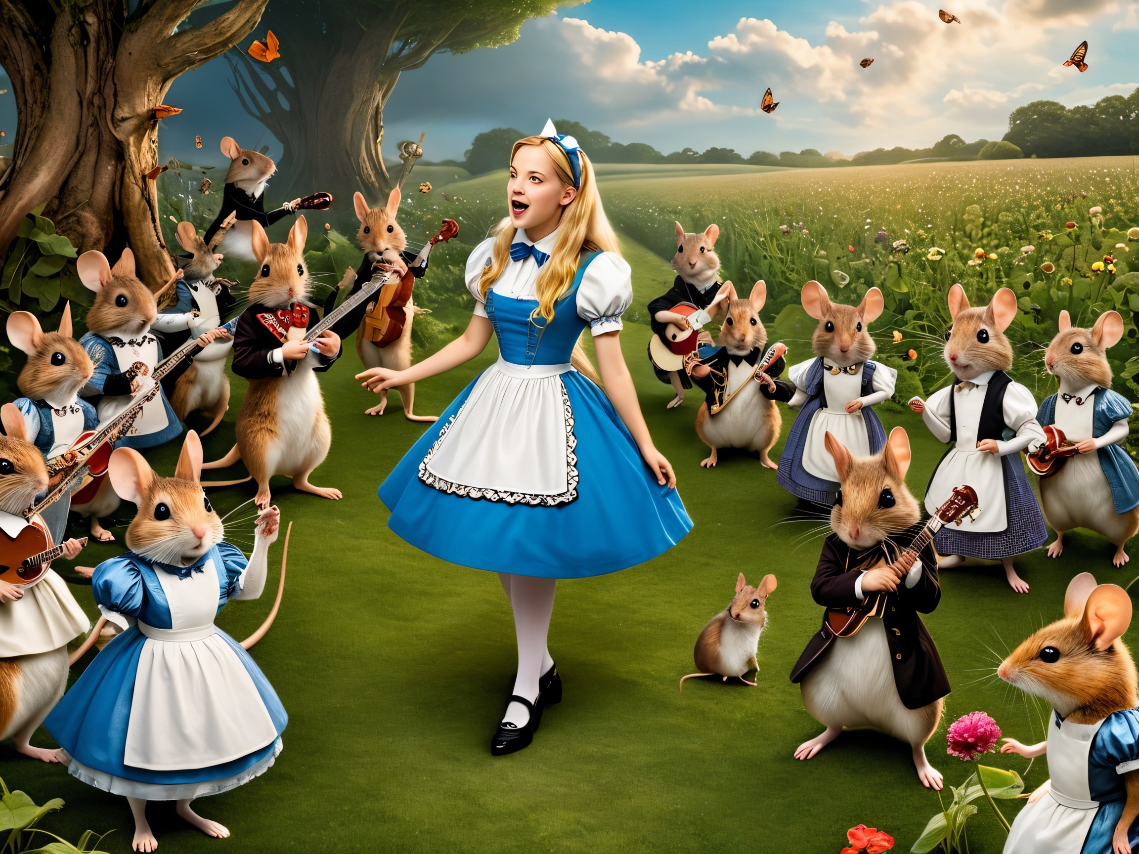 Whimsical Meadow Scene with Singing Girl and Mice