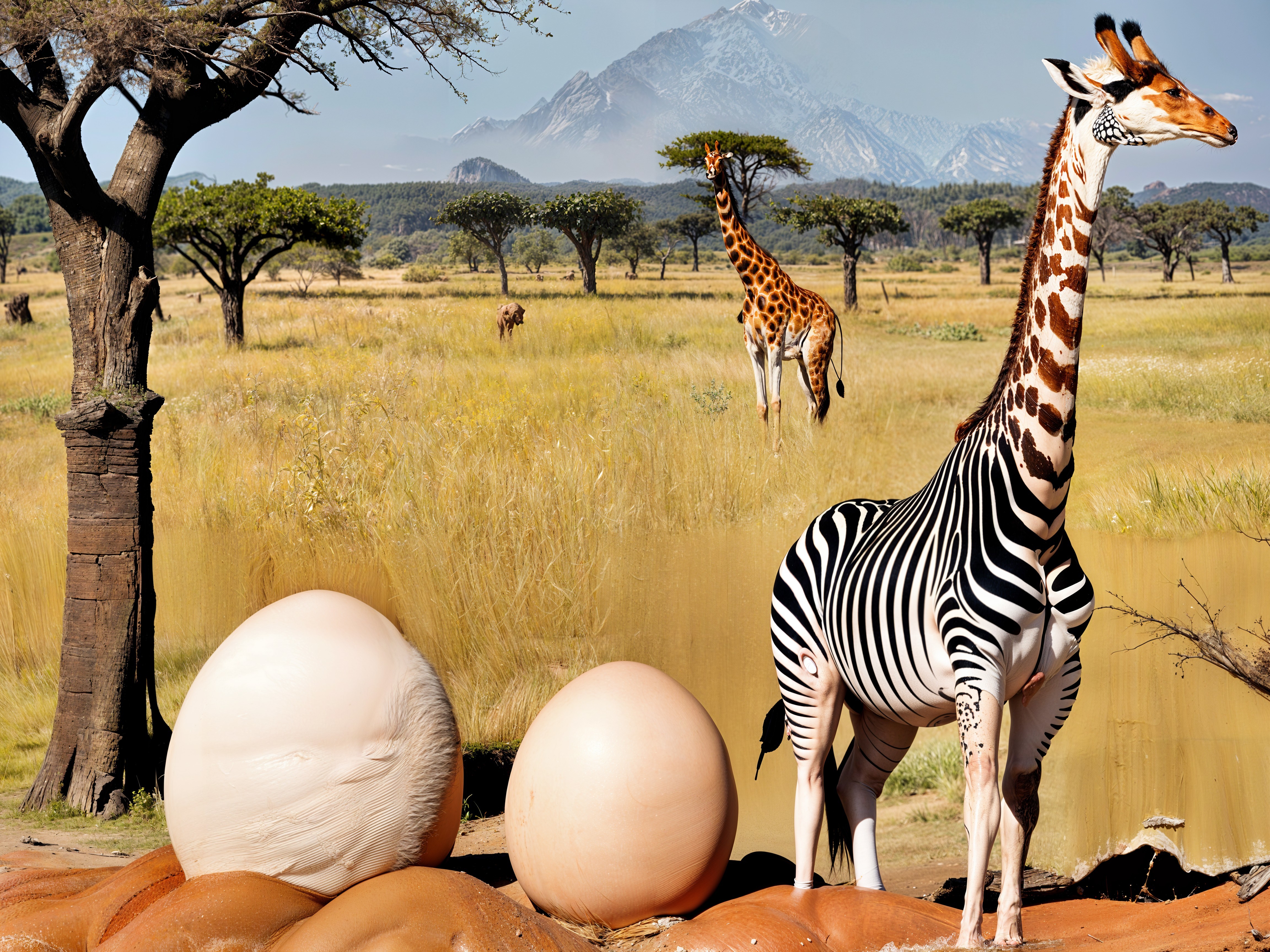 Zebra and Eggs in a Vibrant Savanna Landscape