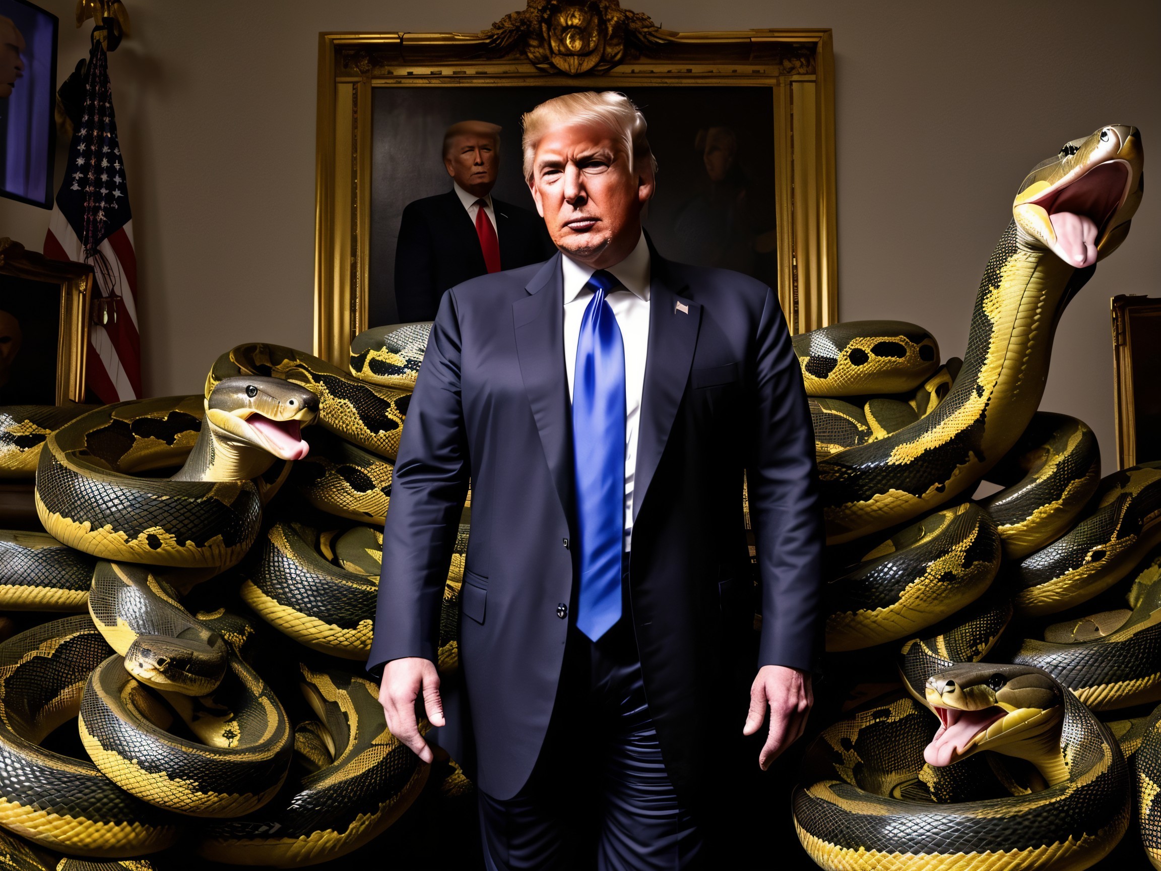 Man in Suit Surrounded by Snakes and Portraits