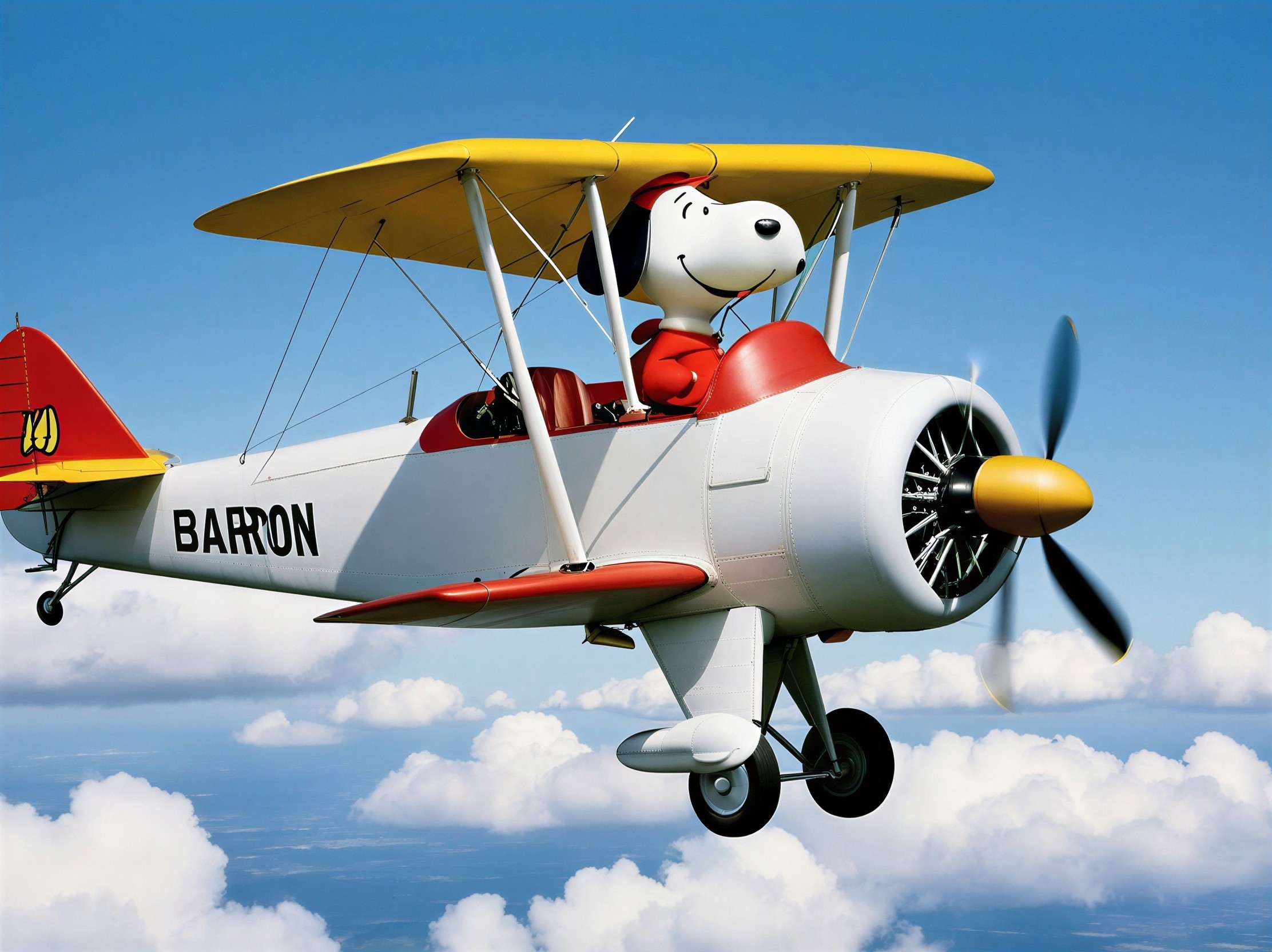 Cartoon Dog Pilots Vintage Biplane in Blue Sky