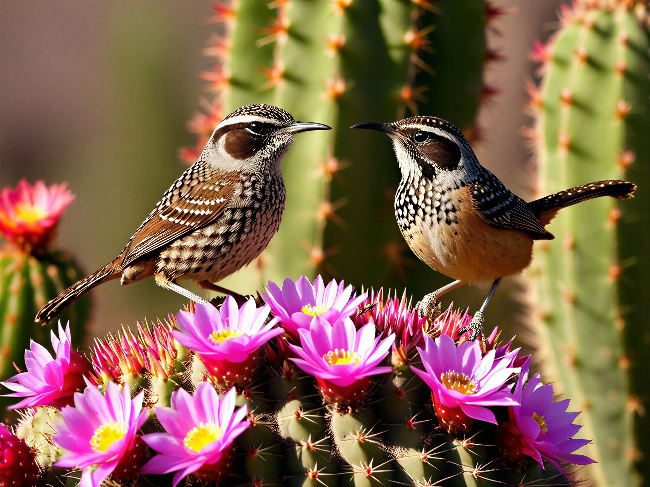 Cactus Wrens on Vibrant Cactus with Colorful Blooms