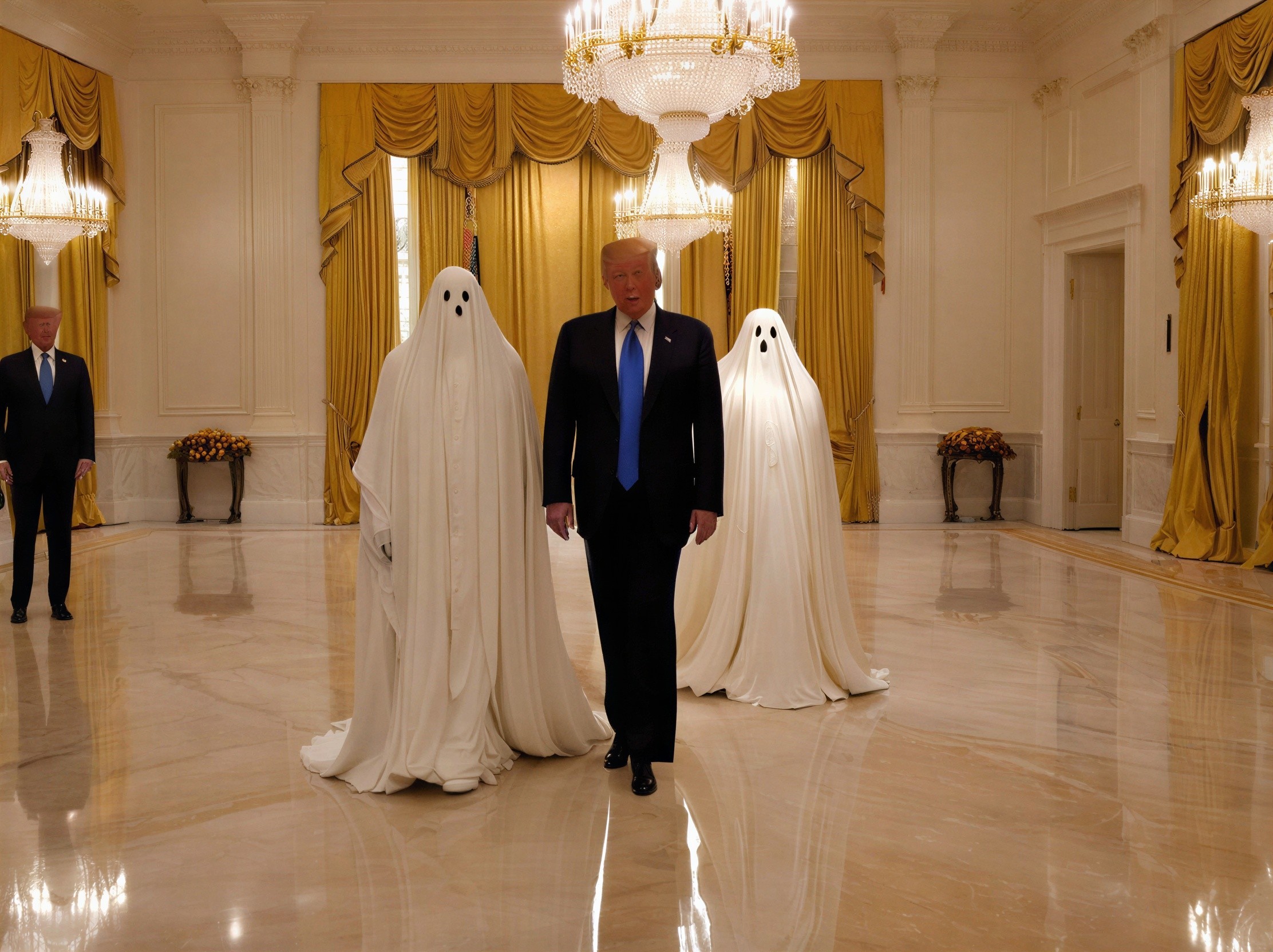 Opulent Room with Figures and Ghostly Presence