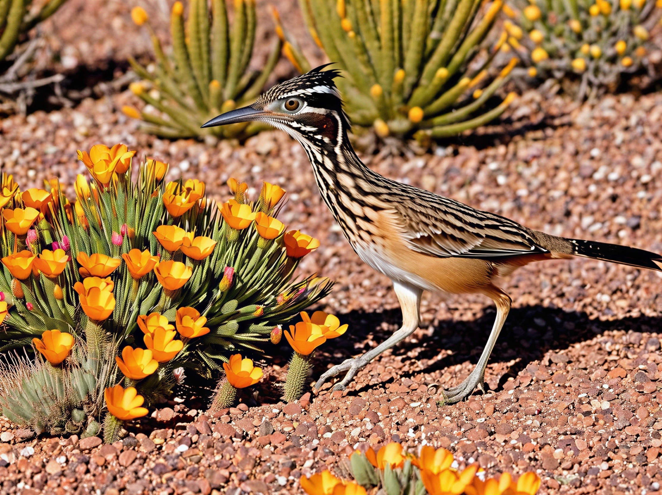 Wild roadrunner in desert landscape with cacti flowers