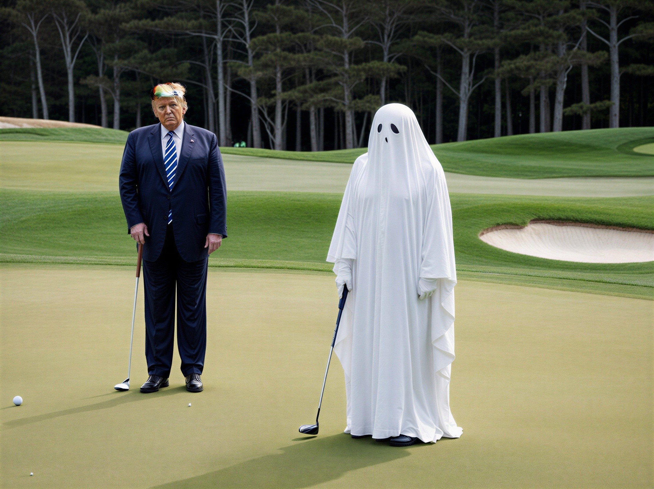 Surreal Golf Scene with Man and Ghostly Figure