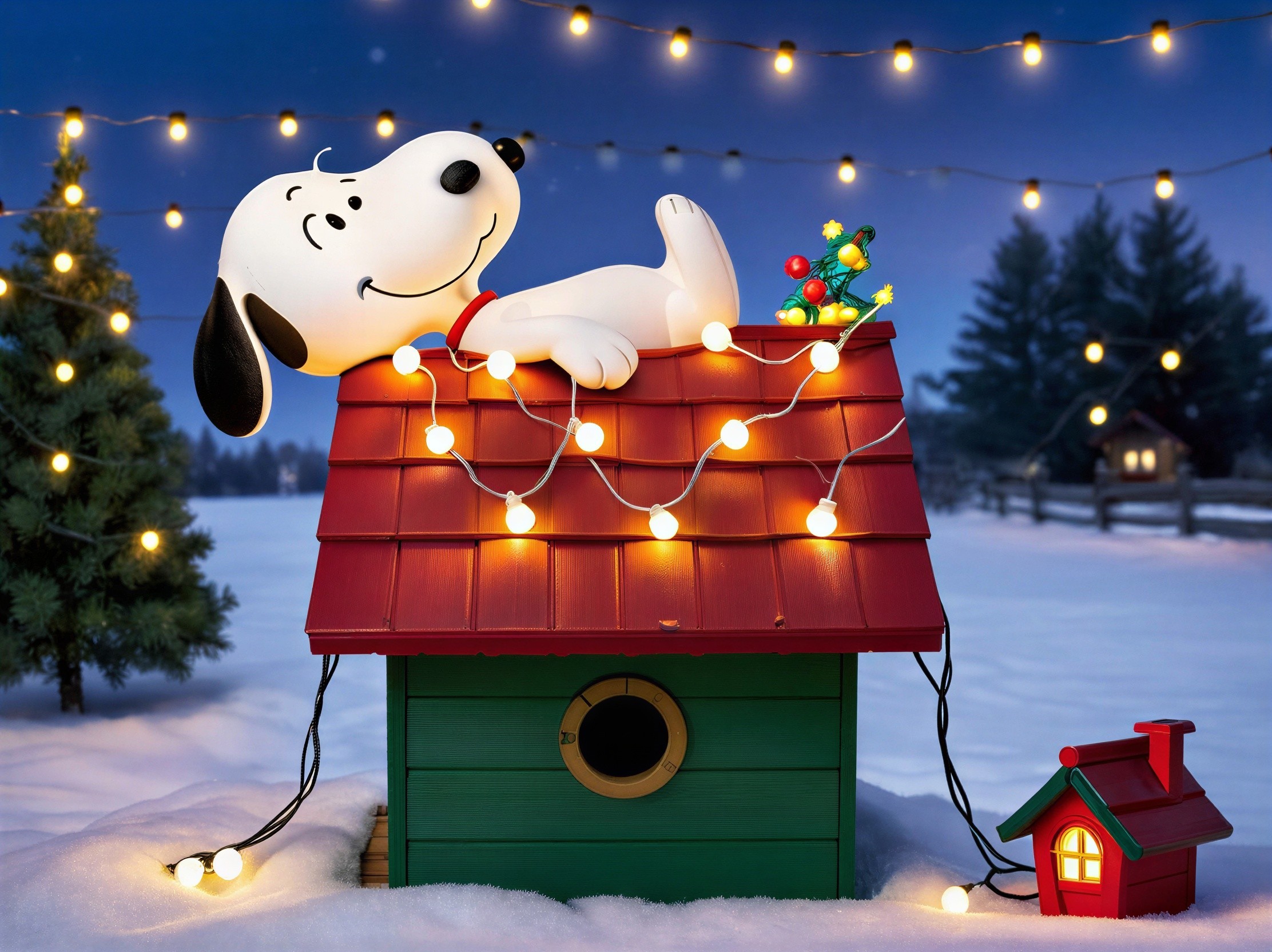 Cartoon Dog on Colorful Doghouse in Winter Scene