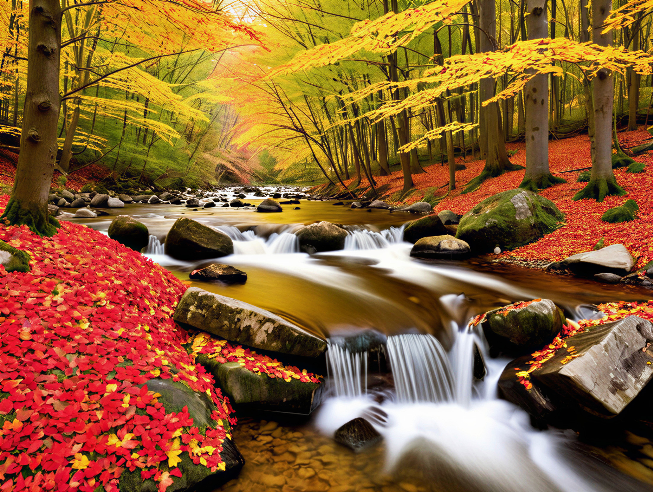 Autumn Landscape with Stream and Colorful Foliage