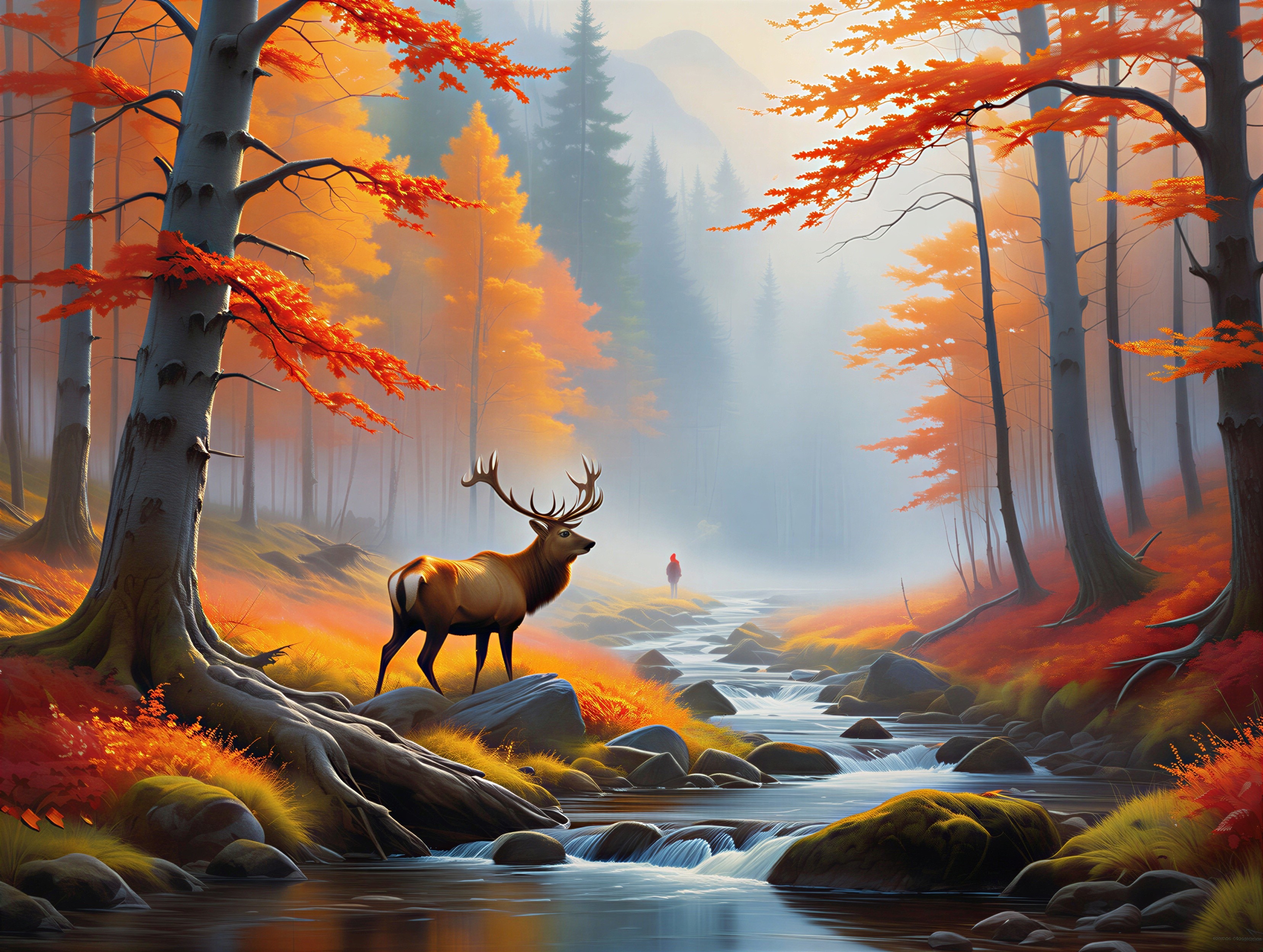 Autumn Landscape with Stag and Misty Forest Scene