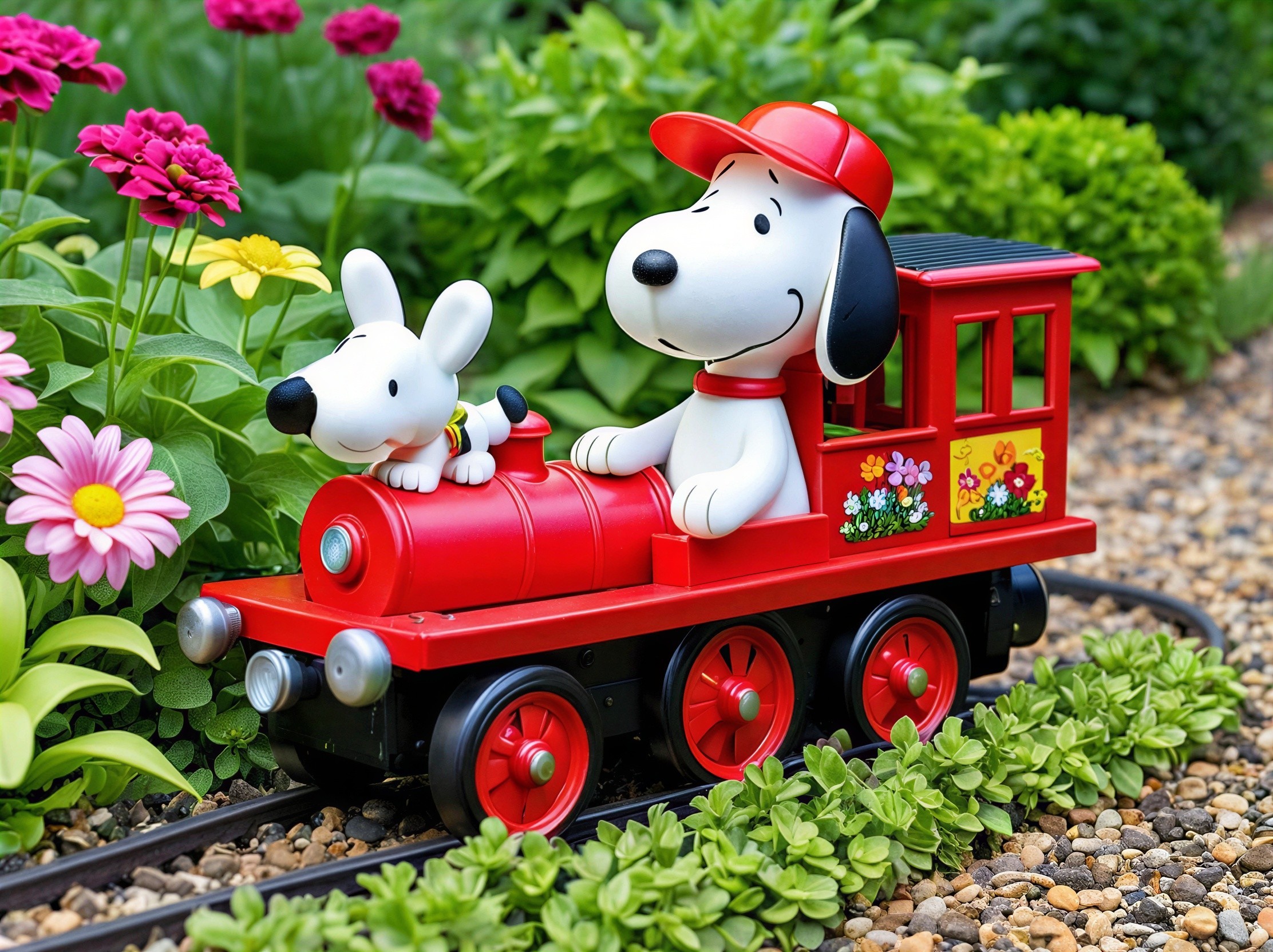 Cheerful Red Toy Train with Dog Characters in Garden