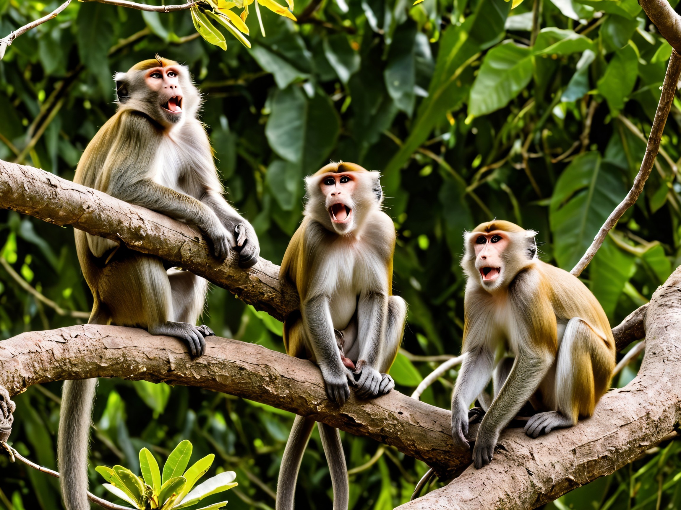 Monkeys on a Branch in Lush Green Foliage