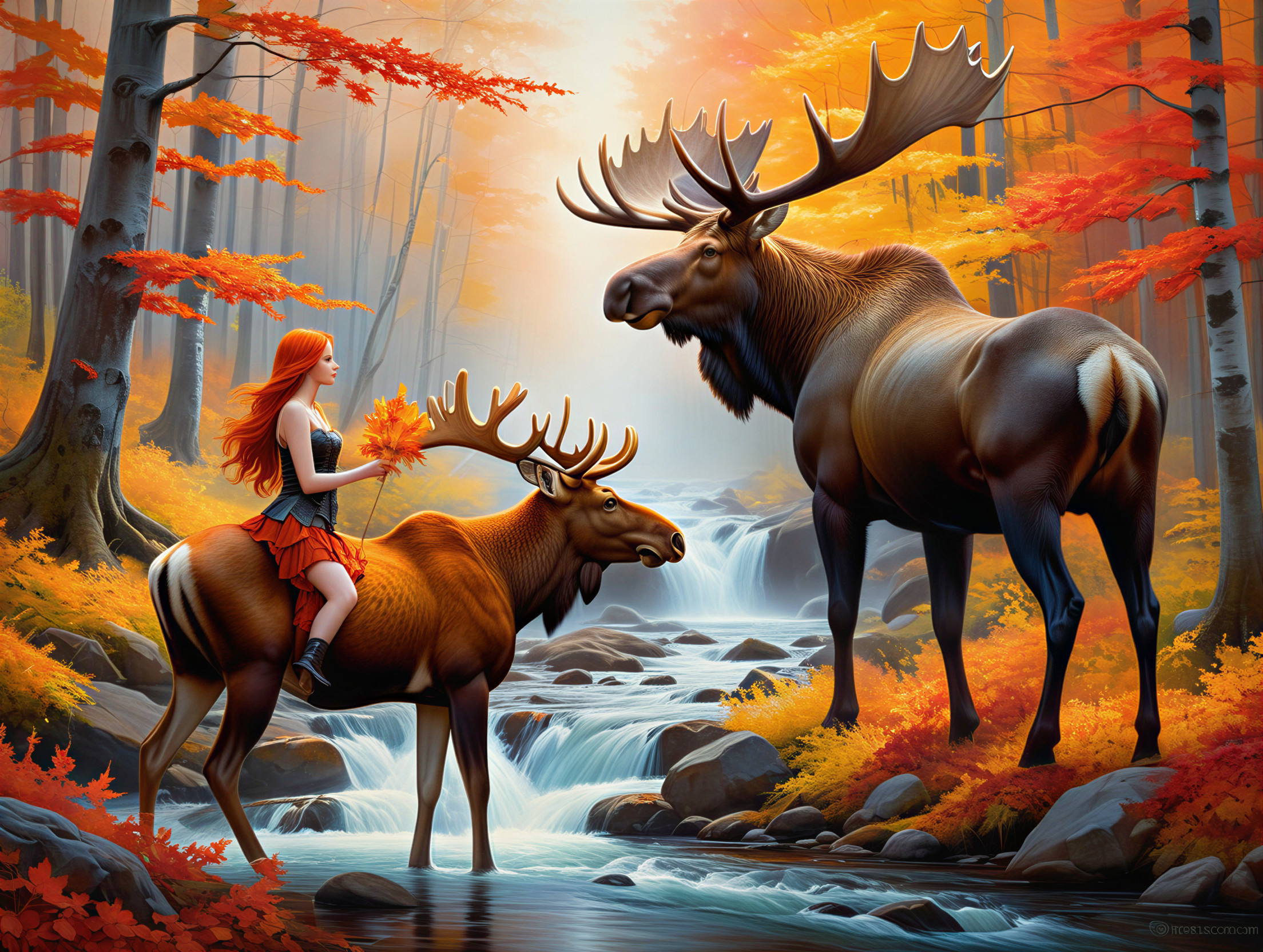 Woman with Red Hair on Moose in Autumn Forest Scene