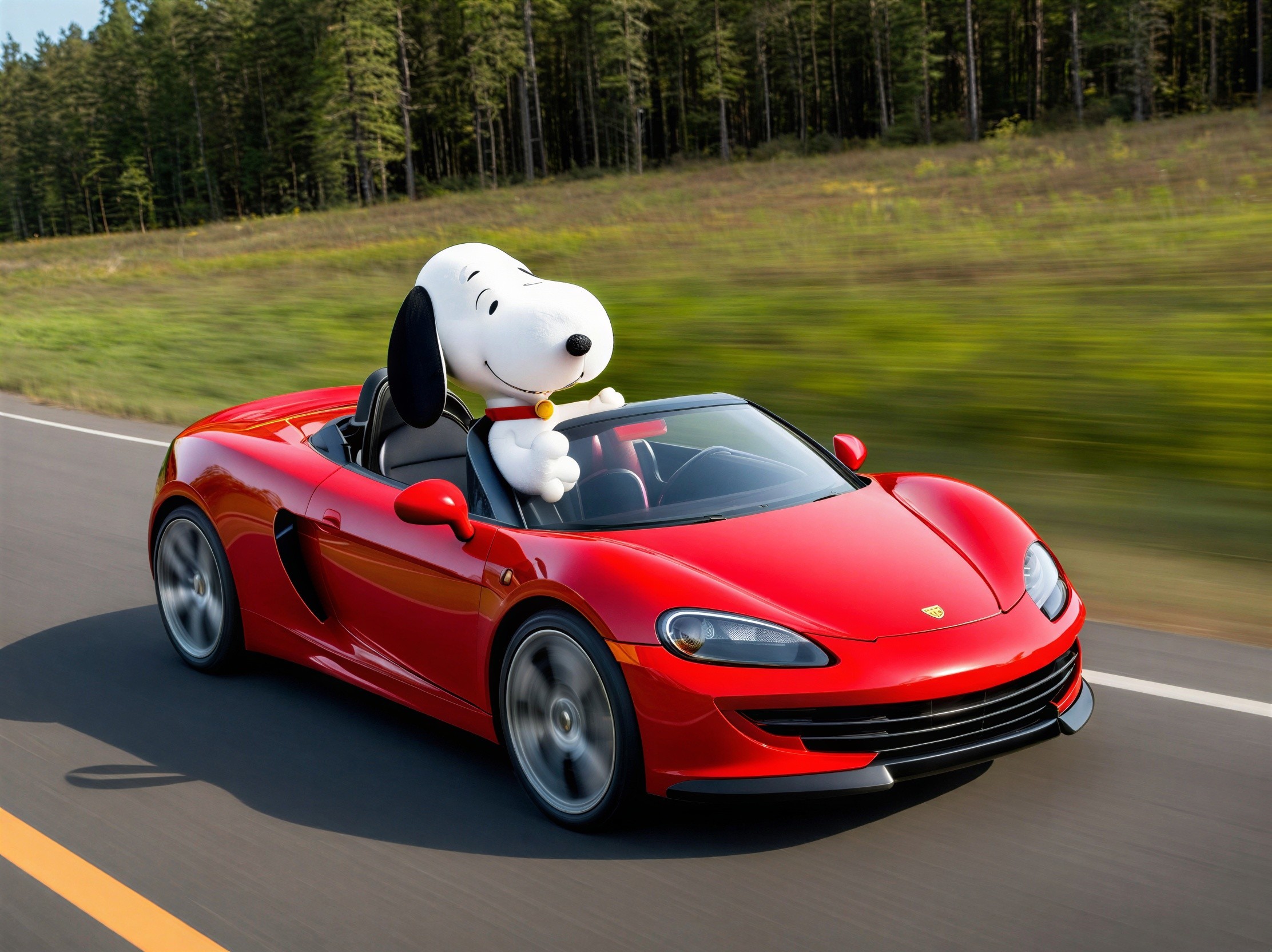 Snoopy in a Red Convertible on a Scenic Highway