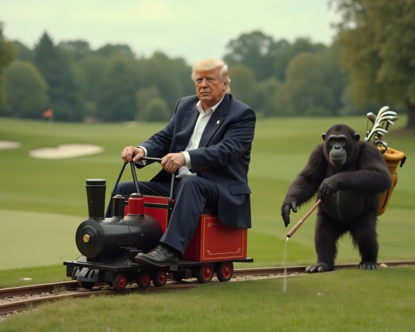 Whimsical Scene of a Man on a Miniature Train