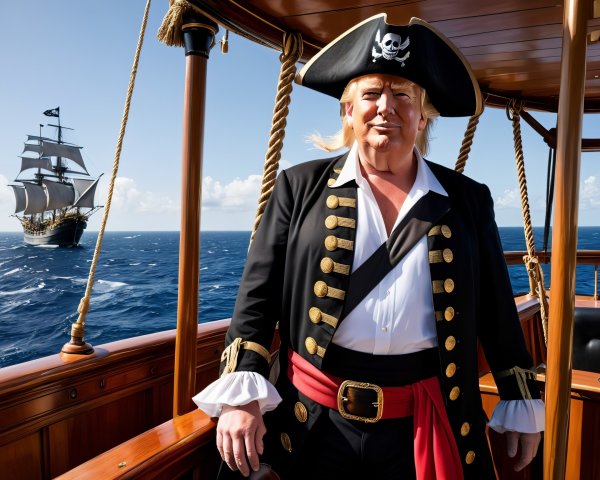 Pirate Character on Ship Deck with Tall Ship Background