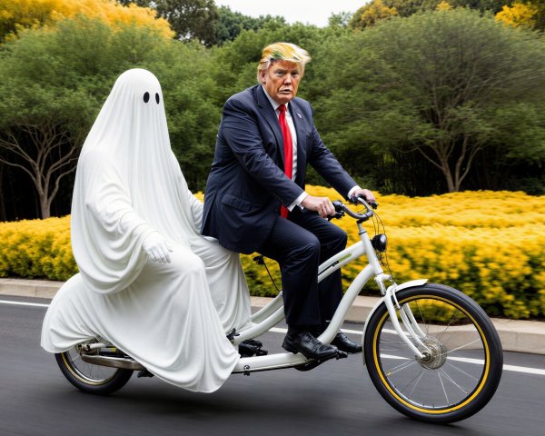 Spectral Figure on Tandem Bicycle Amidst Flowers
