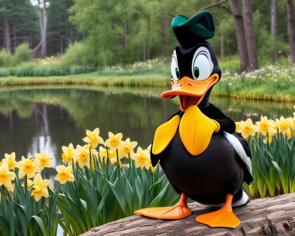 AI-Generated Daffy Duck Surrounded by Daffodils