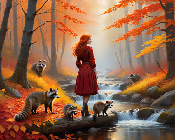 Woman in Red Dress by Autumn Stream with Raccoons