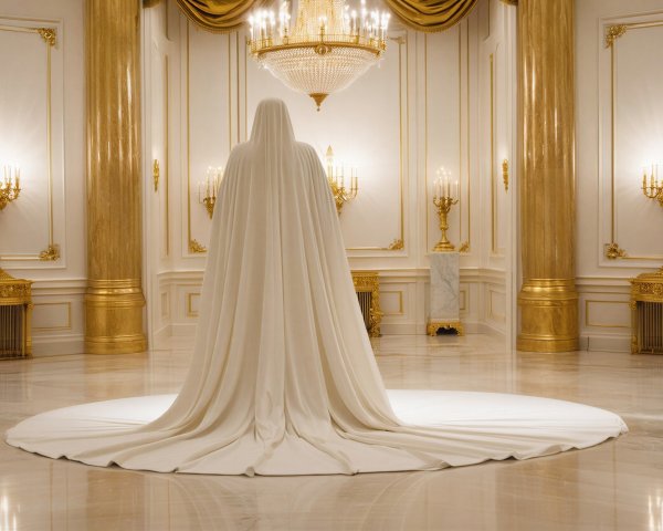 Opulent Room with Draped Figure in White Garment