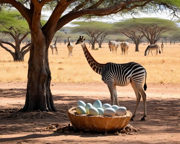 Striped Giraffe Examines Nest of Pastel Eggs in Savanna