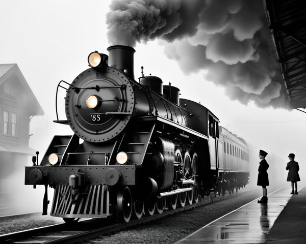 Vintage Steam Locomotive on Misty Platform Scene