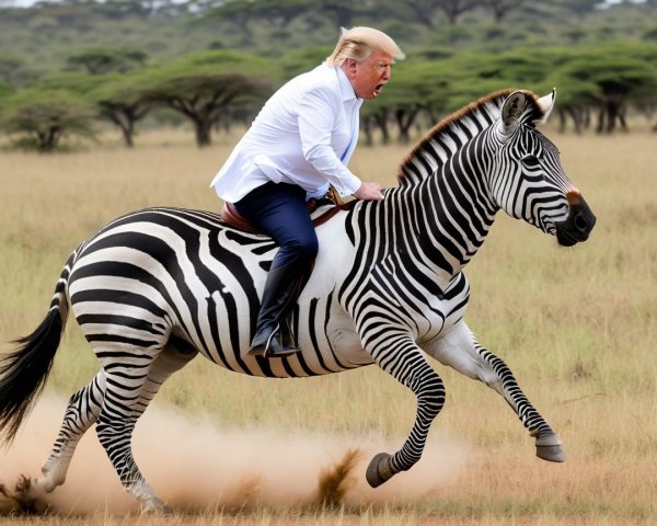 Man in White Shirt Riding a Zebra in Grassy Landscape