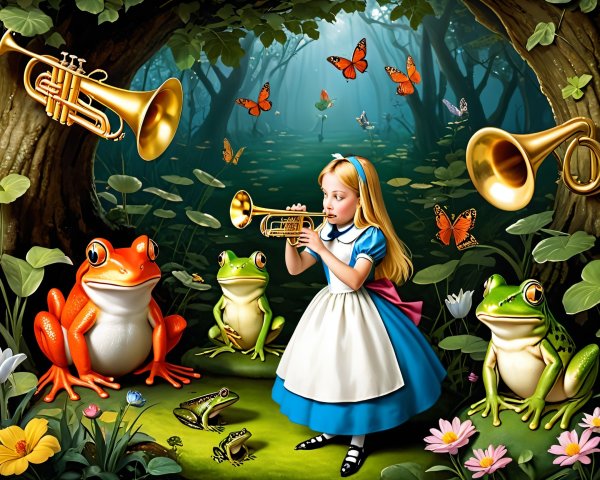 Whimsical Forest Scene with Girl, Frogs, and Butterflies