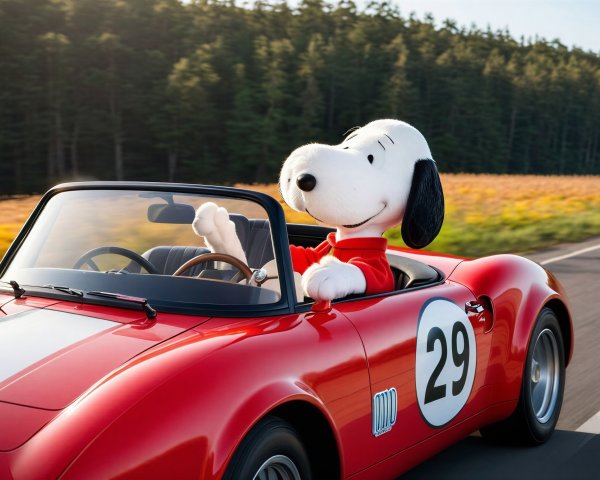 Cartoon Beagle Driving Vintage Convertible in Field