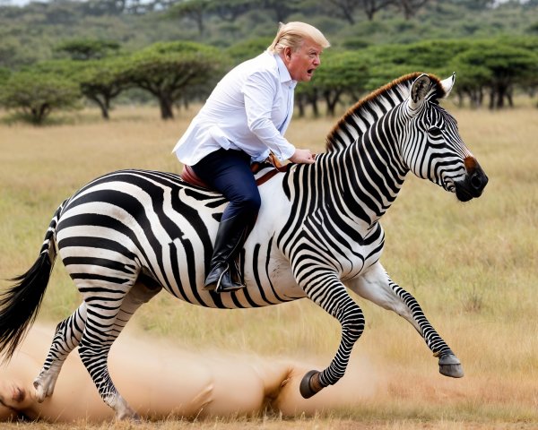 Person Riding a Galloping Zebra in Grassy Landscape