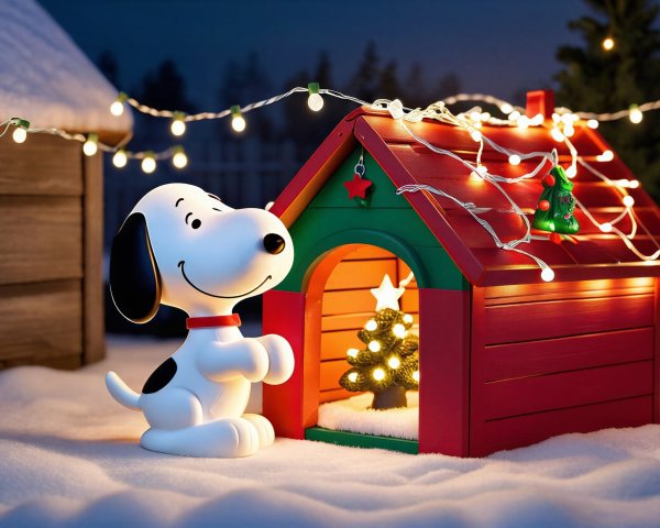 Cartoon Dog by Colorful Holiday Doghouse Scene