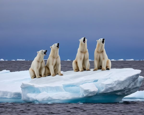 Polar bears on ice with dramatic Arctic backdrop