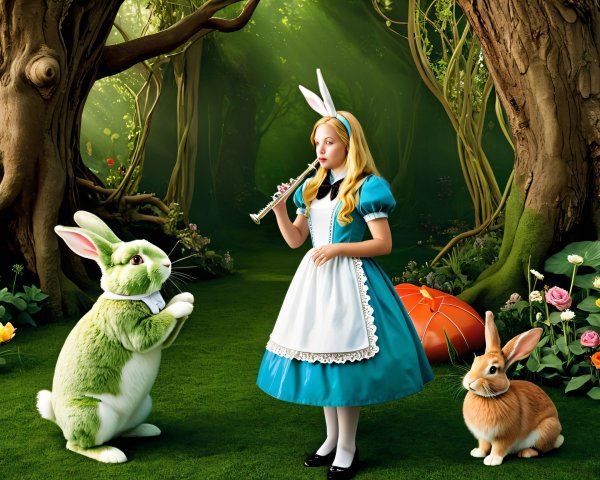 Alice in Blue Dress Playing Flute in Enchanted Forest