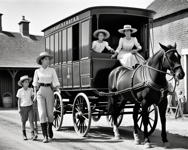 Vintage Horse-Drawn Carriage in Historical Village Scene