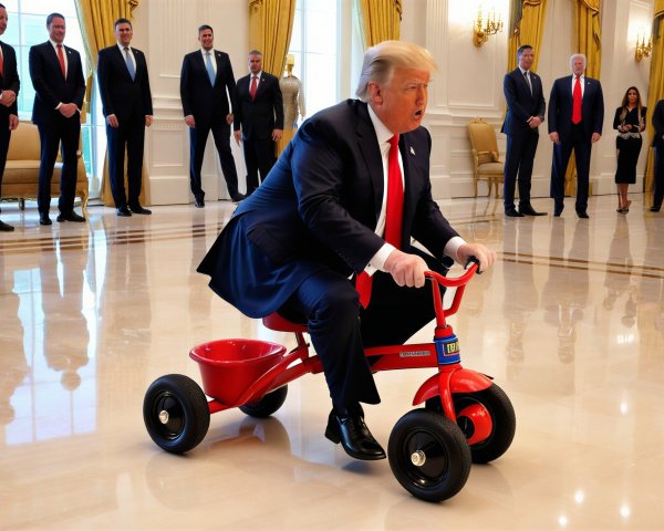 Man on Red Tricycle in Opulent Room with Observers