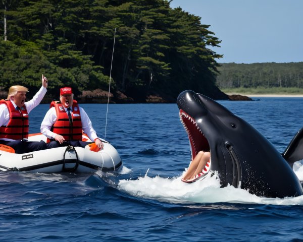 Humorous Scene of Men in Boat with Cartoonish Whale