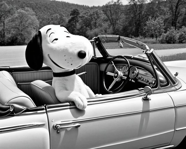 Stuffed Snoopy Doll in Vintage Convertible Car