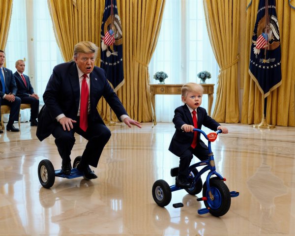 Playful Scene in a Grand Room with Serious Attendees
