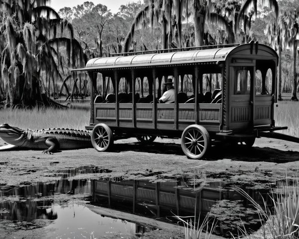 Vintage tram by swamp with alligator and mossy trees