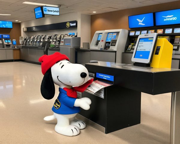 Life-sized Snoopy mascot at airport check-in counter