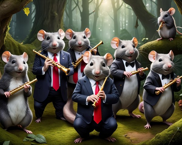 Anthropomorphic Mice in Tuxedos Playing Music in Forest