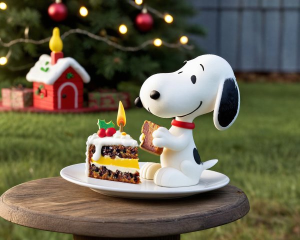 Snoopy Figurine with Cake on a Wooden Table Setting