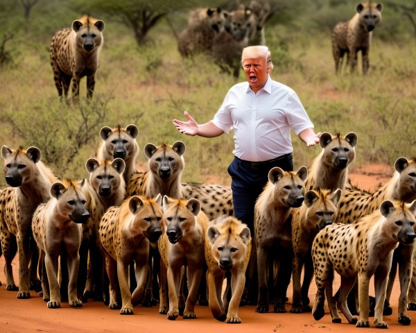 Surreal Scene of a Man Surrounded by Hyenas