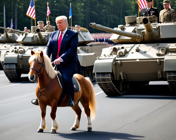 Military Parade Featuring Man on Pony and Tanks