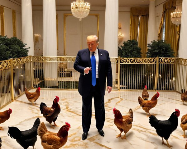 Man in Suit Surrounded by Chickens in Luxurious Setting