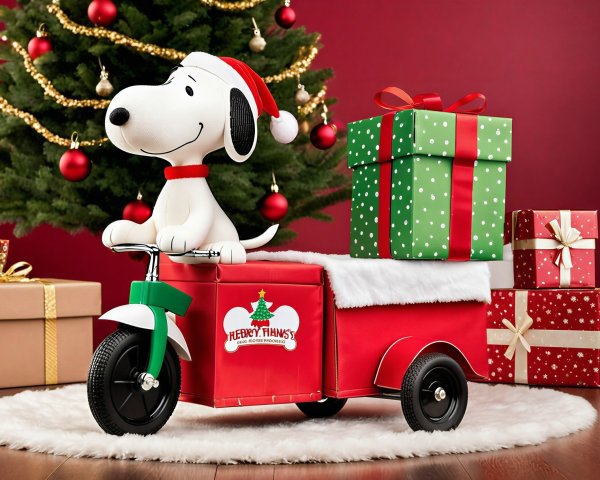 Cheerful Snoopy on Tricycle in Festive Holiday Scene