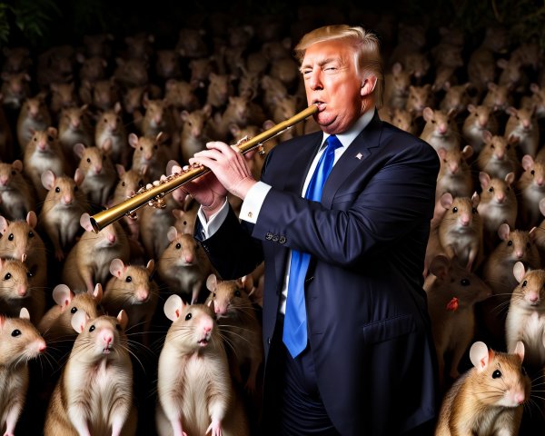 Man in Suit Plays Flute Surrounded by Rats