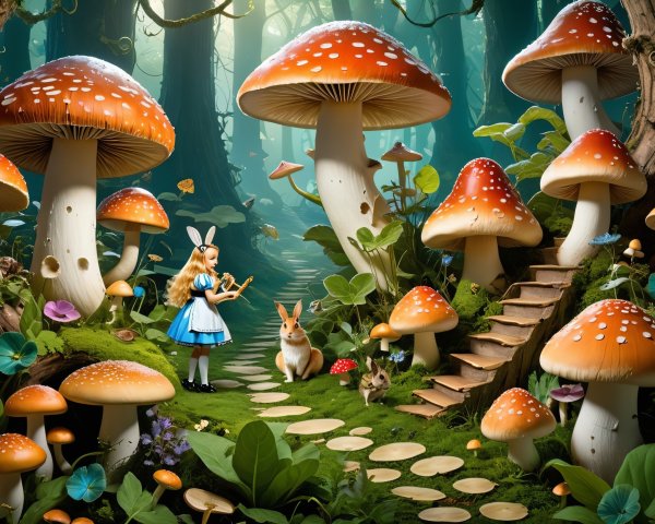 Whimsical Forest Scene with Girl and Colorful Mushrooms