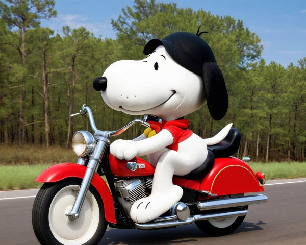 Cheerful cartoon dog on vintage motorcycle in nature