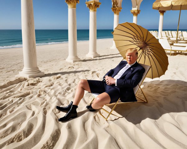 Man Relaxing on Beach Under Golden Umbrella