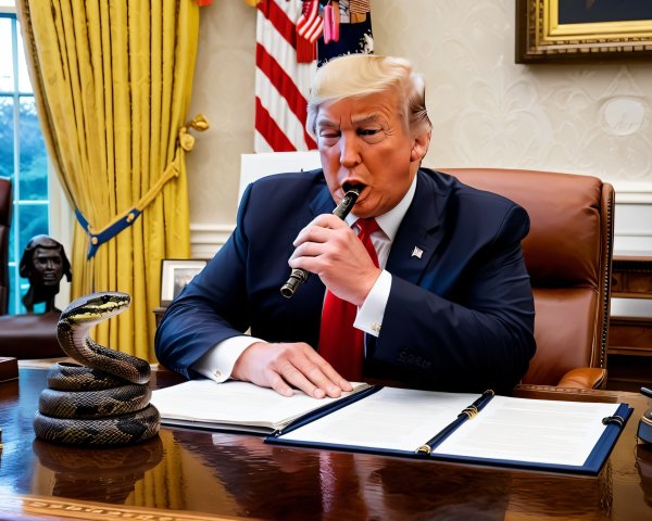 Presidential Figure Playing Flute in Decorated Office