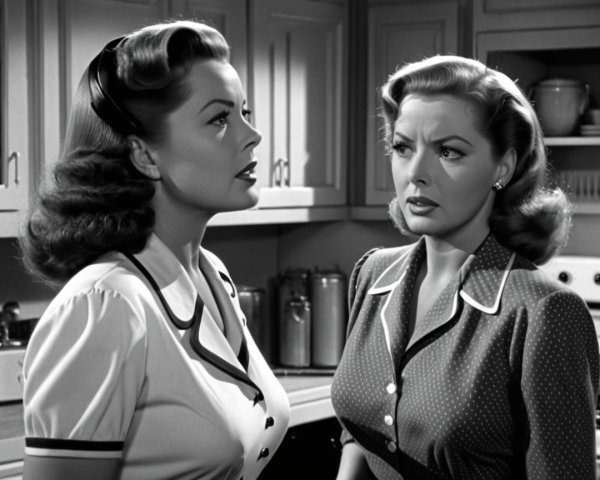 Black-and-White Kitchen Scene with Intense Conversation