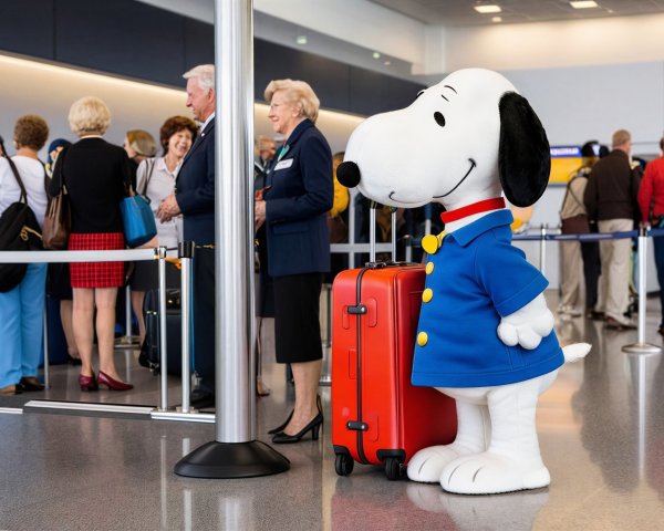 Airport Scene Featuring Snoopy Costume and Travelers